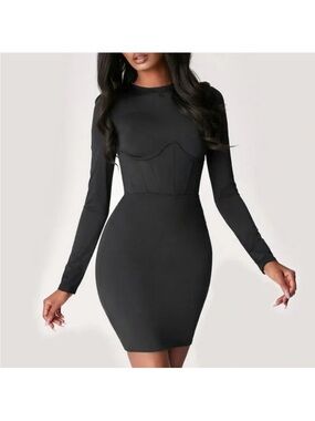 Meshki Black Long Sleeve Corset Waist Astrid Bodycon Mini Dress DR00415K